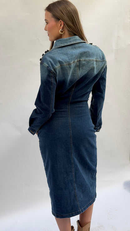Dark Denim Dress w/ Shoulder Embellishment