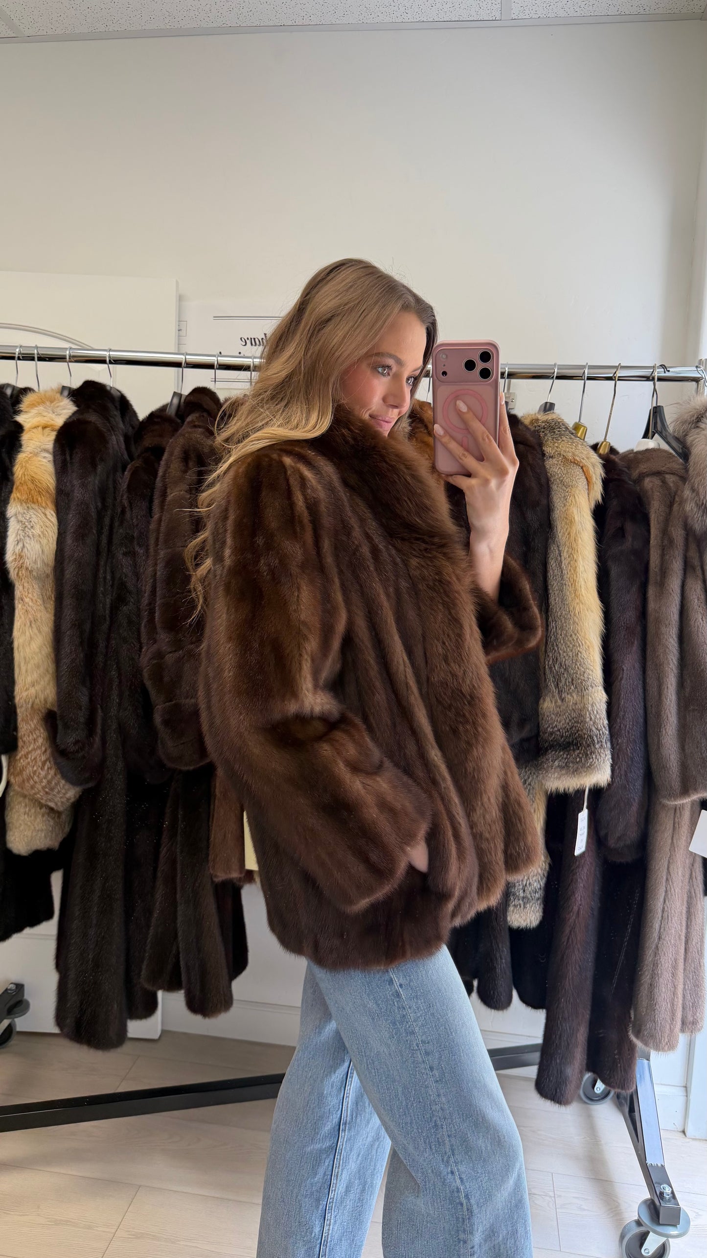 #54 Vintage Demi Buff Mink Jacket w/ Fox Tuxedo Collar Size Medium