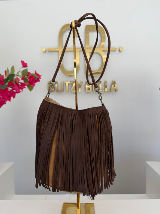 Large Fringe Bucket Bag in Camel
