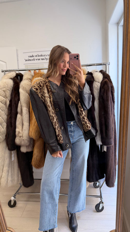 #32 Vintage Leather Jacket w/ Spotted Rabbit Fur Details Size M/L