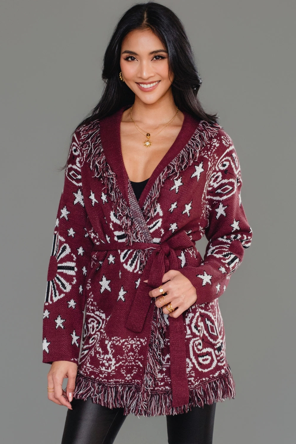 Sonora Fringe Wrap Cardigan in Burgundy
