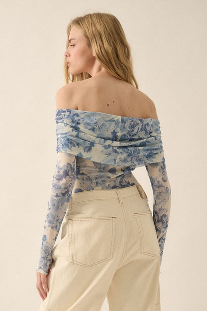 NEW!! Blue Rose Mesh Off the Shoulder Bodysuit