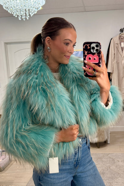 #43 Vintage Dyed Turquoise Cropped Fox Fur Jacket