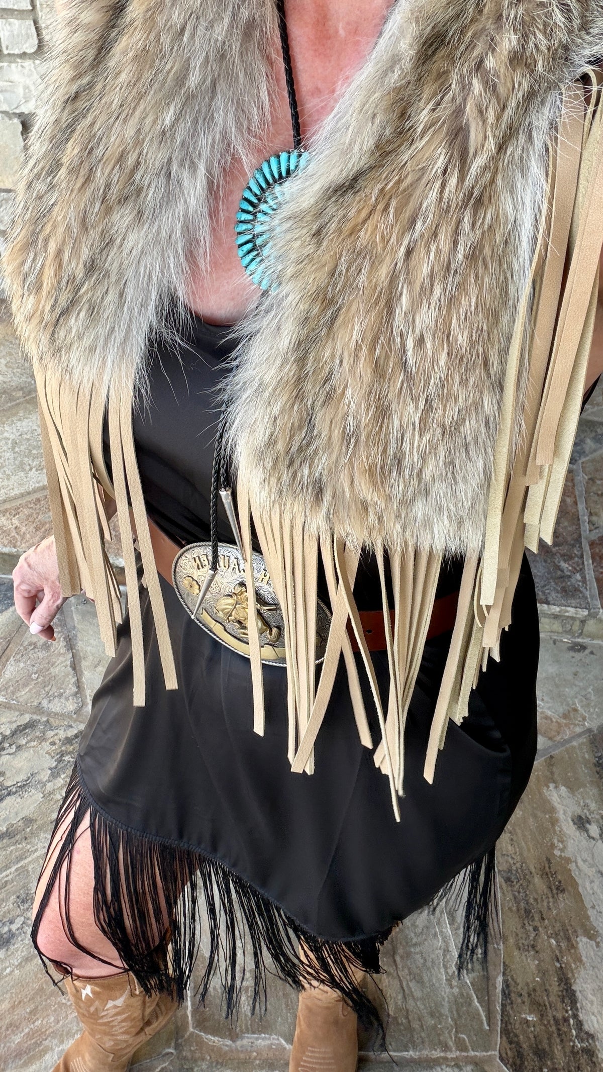 Vintage Coyote Fur & Leather Fringe Collar - Medium Size