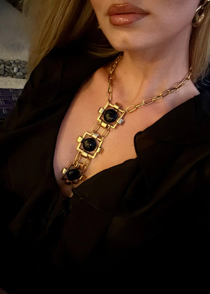 Heritage Cabachon Triple Drop Necklace in Gold & Black
