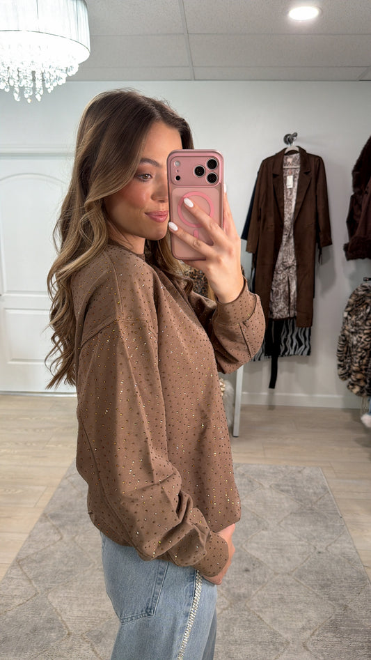 NEW!! "Off Duty" Rhinestone Sweatshirt in Brown