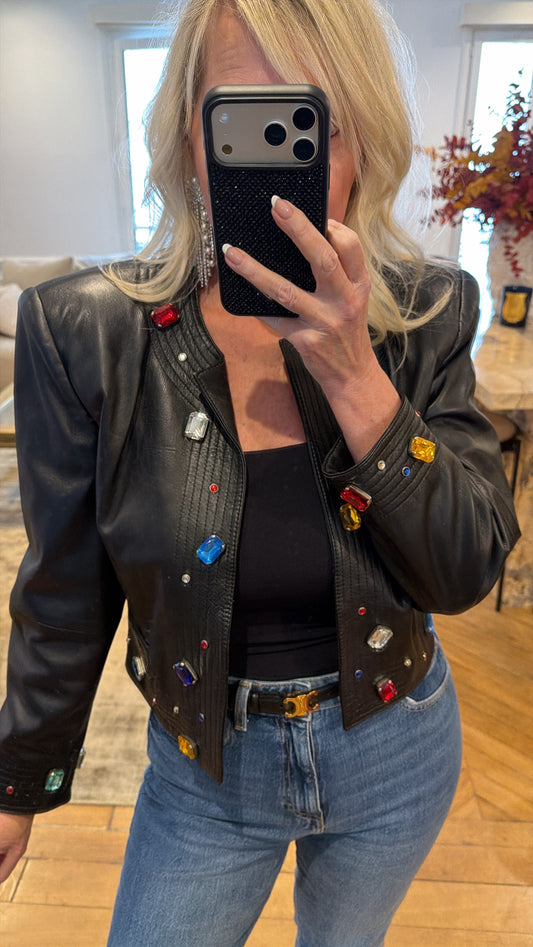 NEW!! Vintage Black Embellished Leather Jacket Size Small