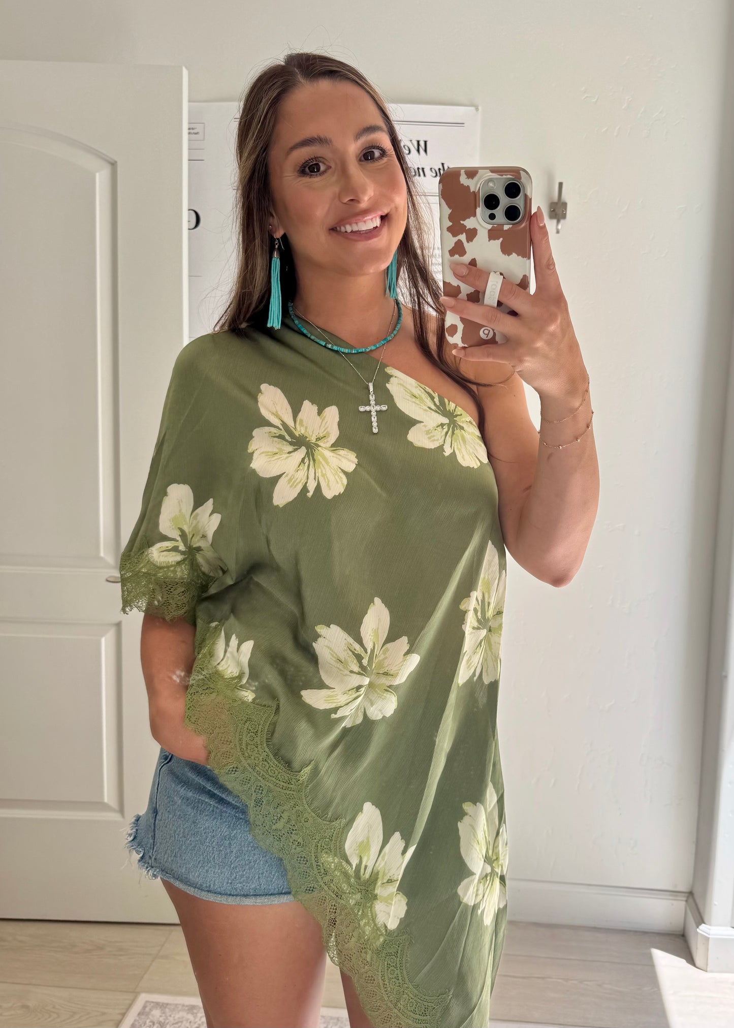 Asymmetric Lace Top in Green Floral