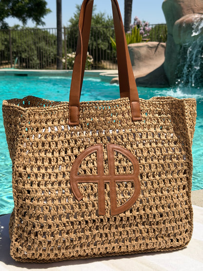 "At The Coast" Straw Beach Tote in Tan