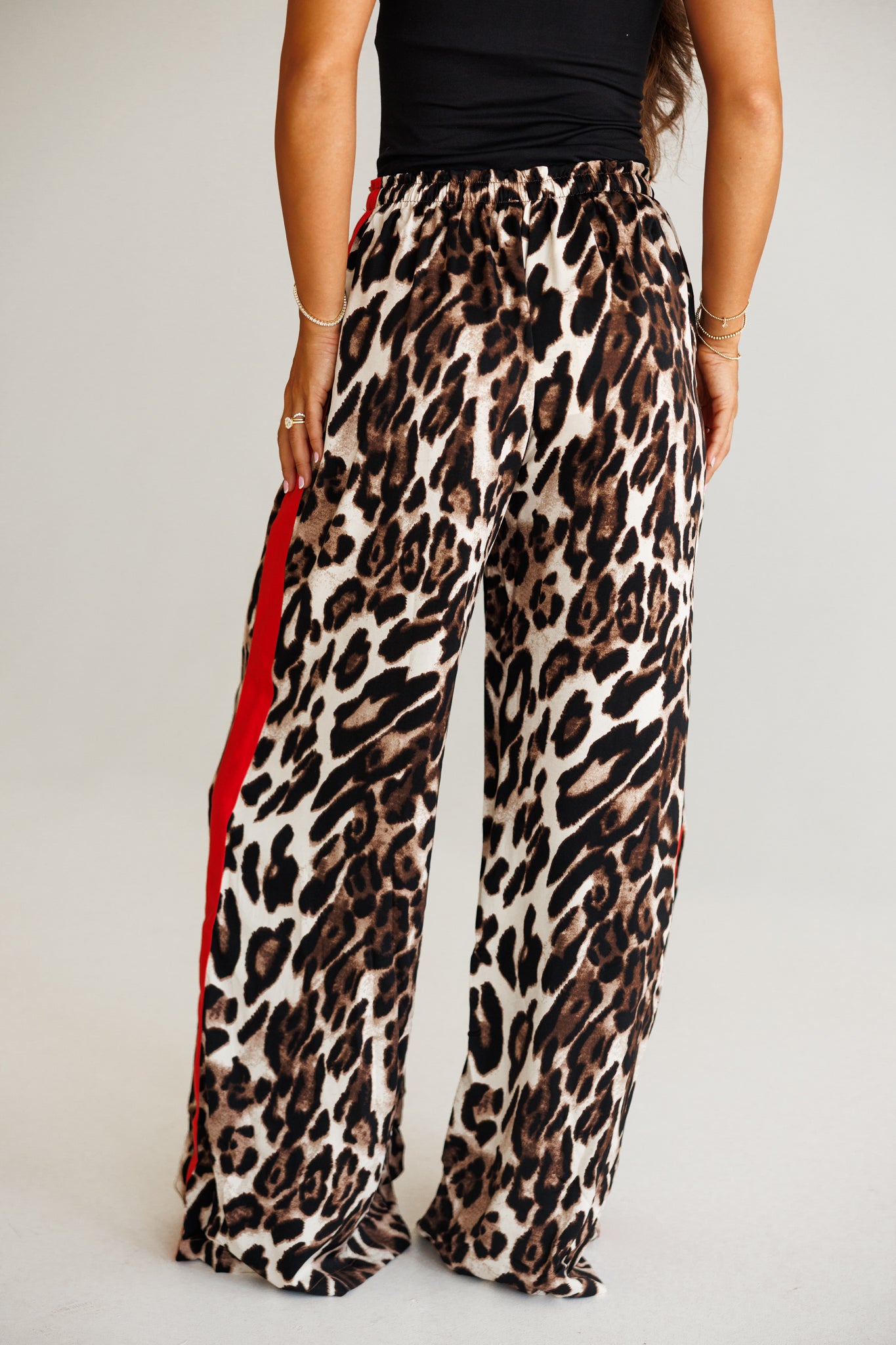 Leopard Straight Leg Pants With Red Stripes