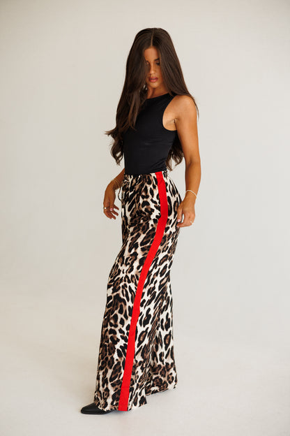 Leopard Straight Leg Pants With Red Stripes
