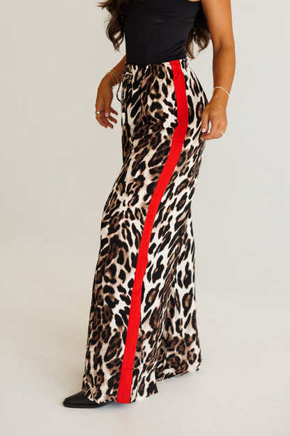 Leopard Straight Leg Pants With Red Stripes