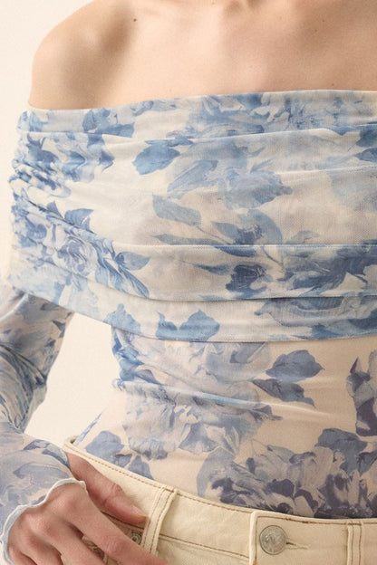 NEW!! Blue Rose Mesh Off the Shoulder Bodysuit