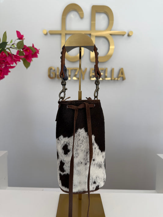 Brown and White Cowhide Bucket Bag Small Drawstring w/ Purple Strap