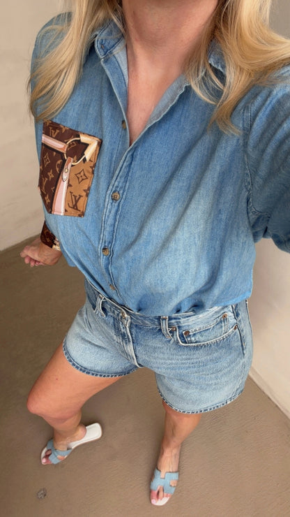 Designer Repurposed Denim Shirt w/ Designer Brown Scarf