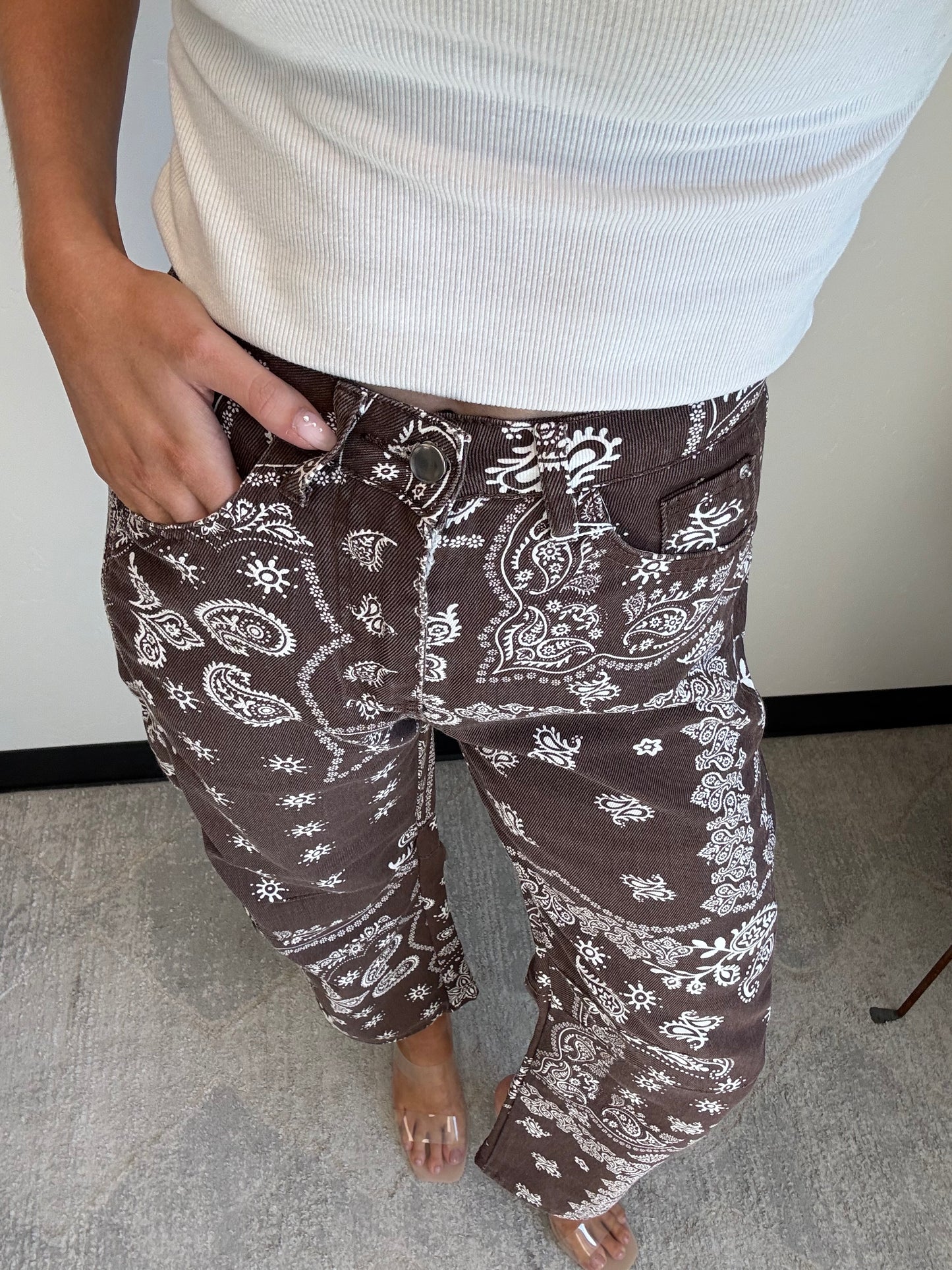 Paisley Barrel Leg Pants in Chocolate