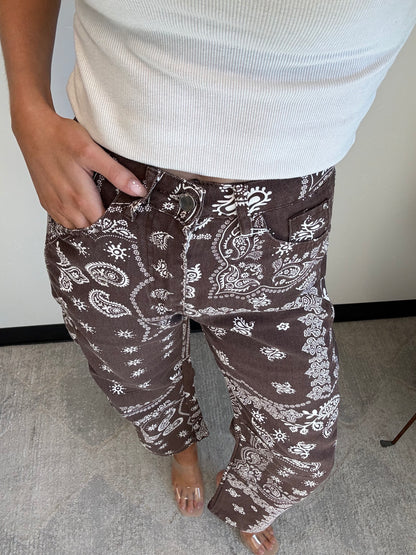 Paisley Barrel Leg Pants in Chocolate