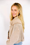 The "Bailey" Rhinestone Fringe Denim Jacket in Tan