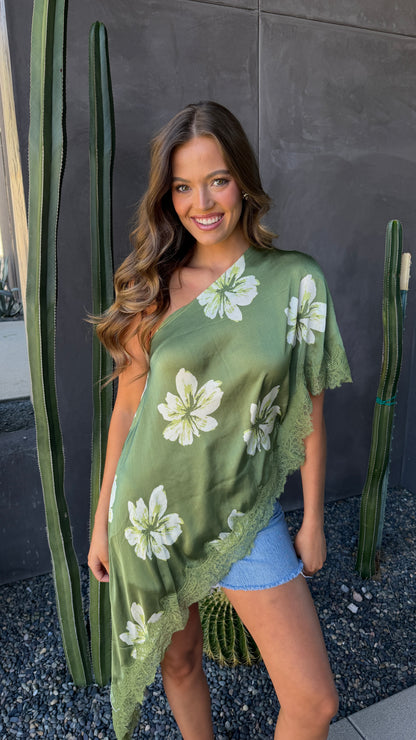 FINAL SALE!! Asymmetric Lace Top in Green Floral