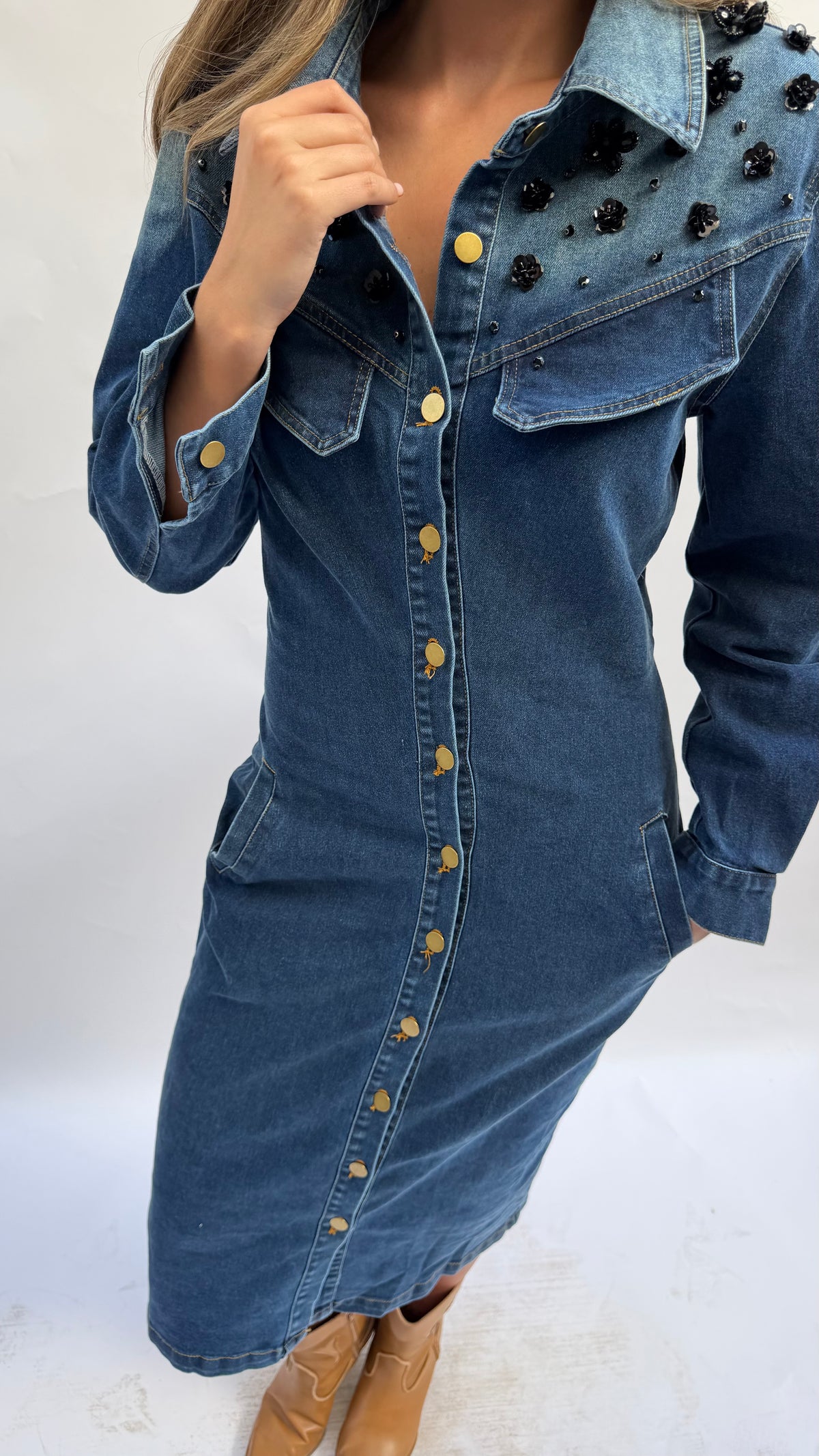 Dark Denim Dress w/ Shoulder Embellishment