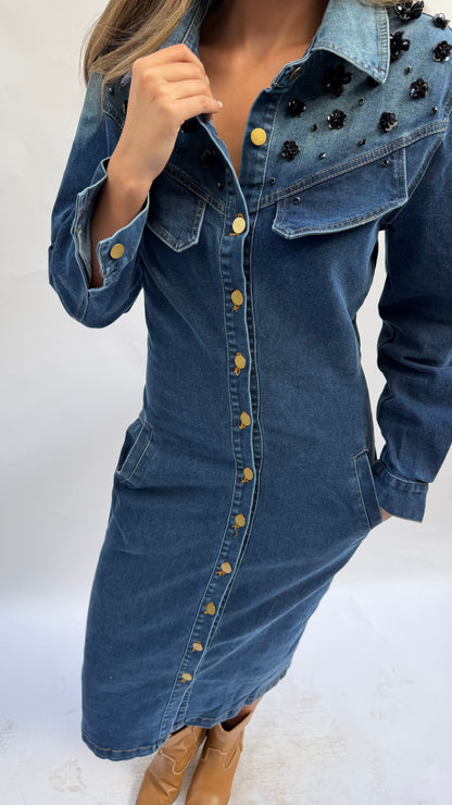 Dark Denim Dress w/ Shoulder Embellishment