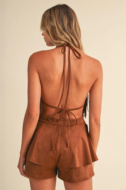 Dallas Suede Fringe Romper in Camel