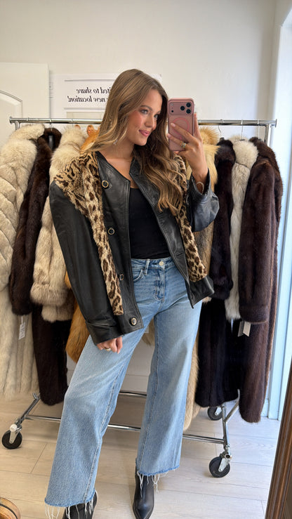 #32 Vintage Leather Jacket w/ Spotted Rabbit Fur Details Size M/L