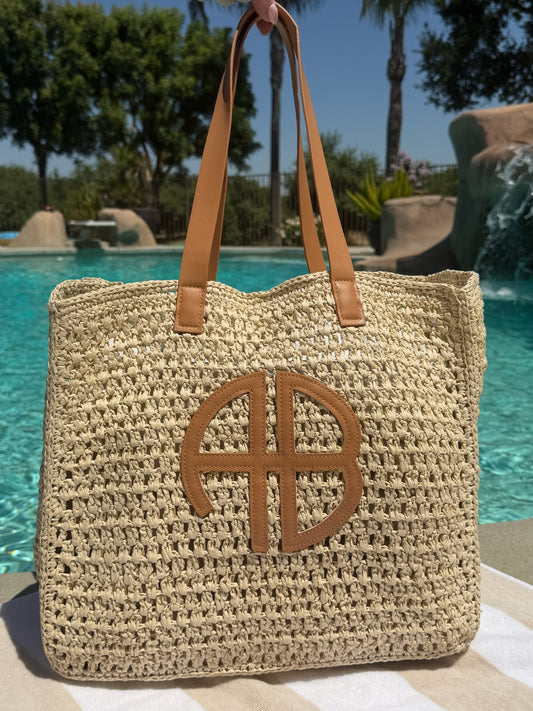 "At The Coast" Straw Beach Tote in Beige