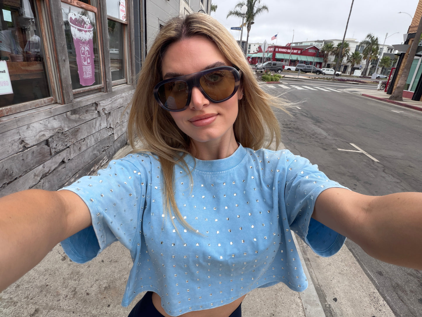 The “Dallas" Cropped Rhinestone Tee in Blue