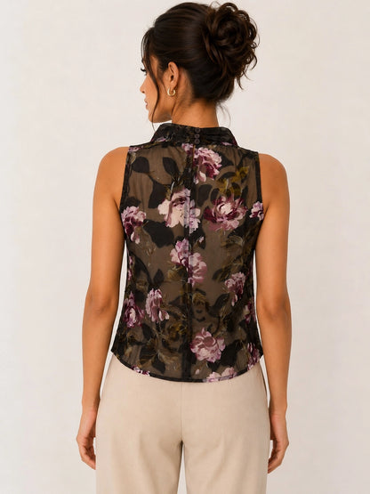 Asymmetric Fringe Sheer Floral Top