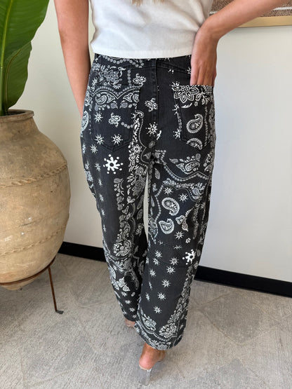 Paisley Barrel Leg Pants in Black