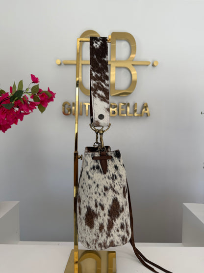 Brown and White Cowhide Bucket Bag Medium Drawstring w/ Cowhide Strap