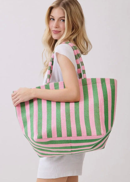 "Cabana Club" Striped Terry Tote Bag in Pink