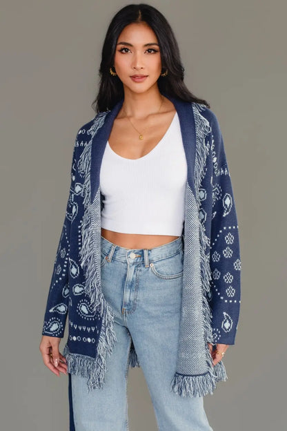 Sonora Fringe Wrap Cardigan in Navy