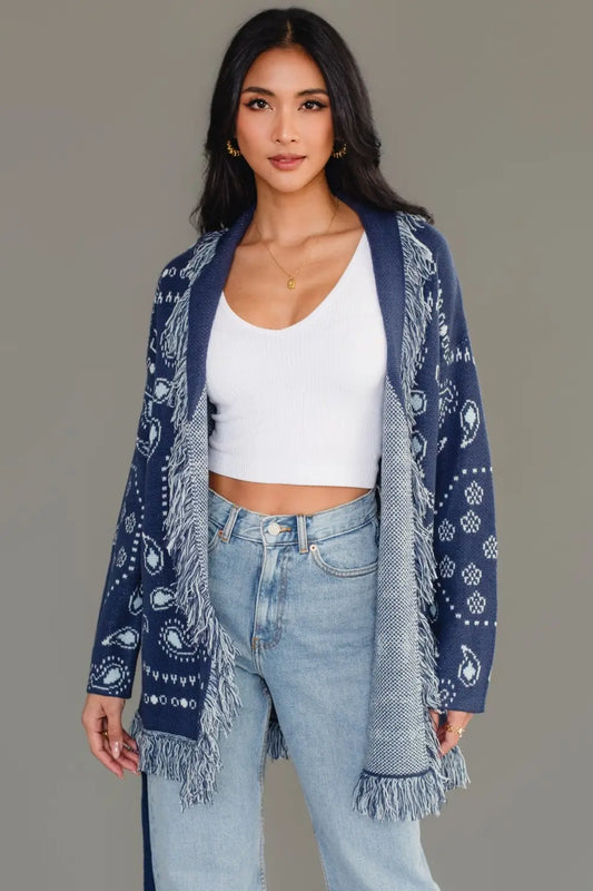 Sonora Fringe Wrap Cardigan in Navy