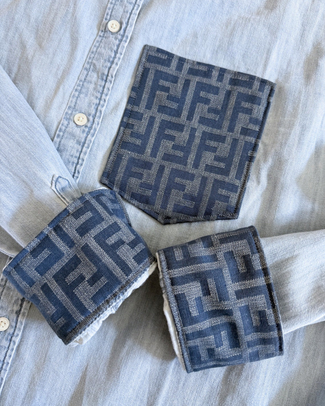 Designer Repurposed Denim Shirt w/ Designer Blue Scarf