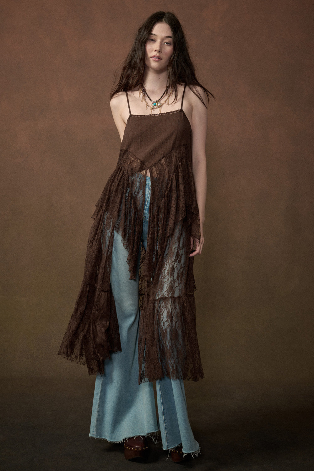 Ruffle Lace High-Low Top in Brown - PREORDER
