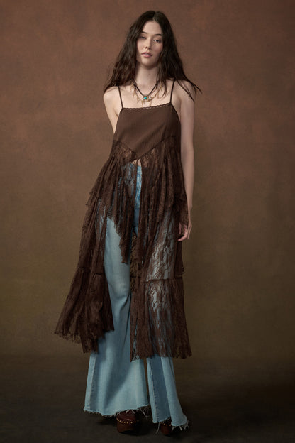 Ruffle Lace High-Low Top in Brown - PREORDER