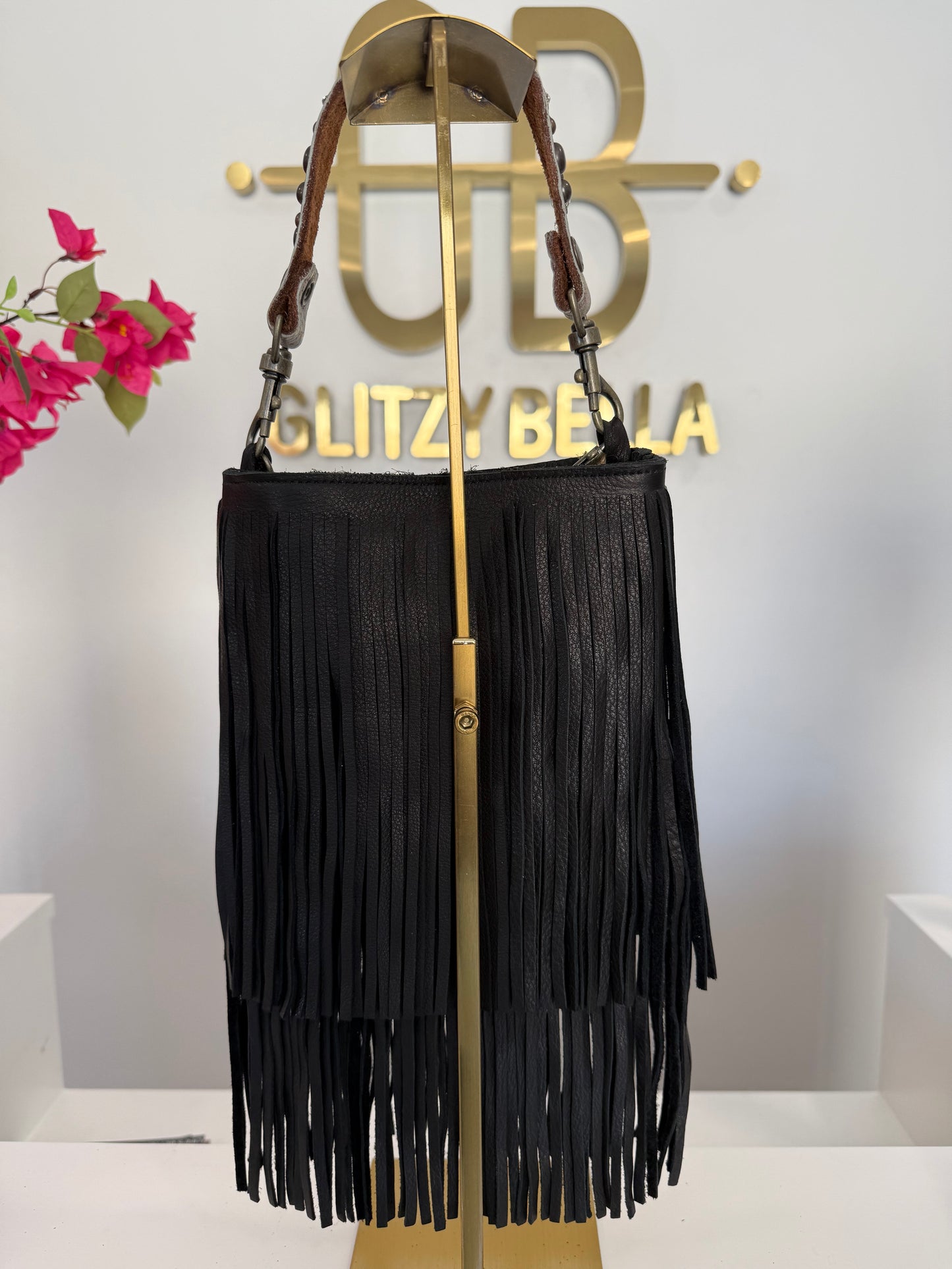 Black Fringe Crossbody w/ Silver Strap