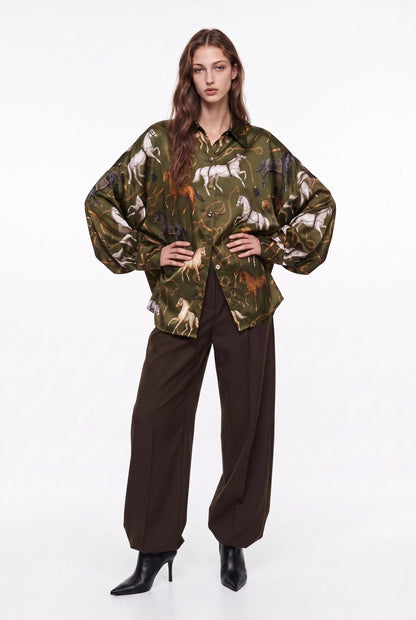 Horseprint Satin Top in Olive