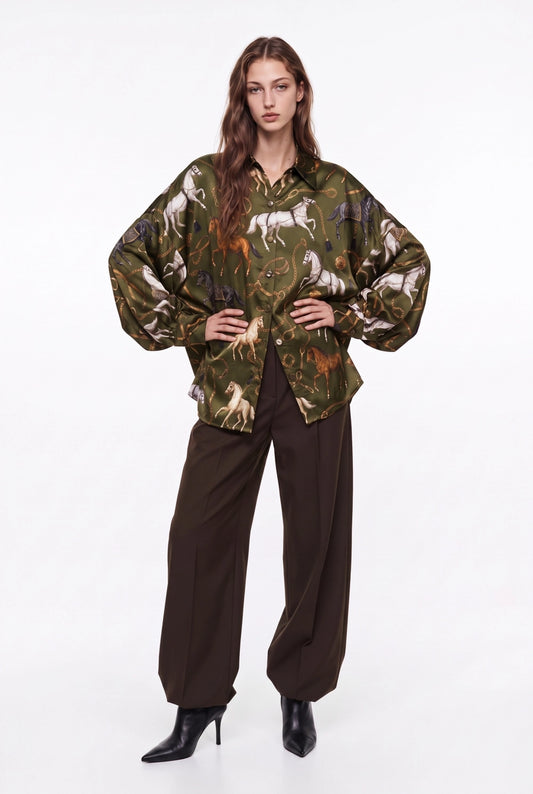 Horseprint Satin Top in Olive