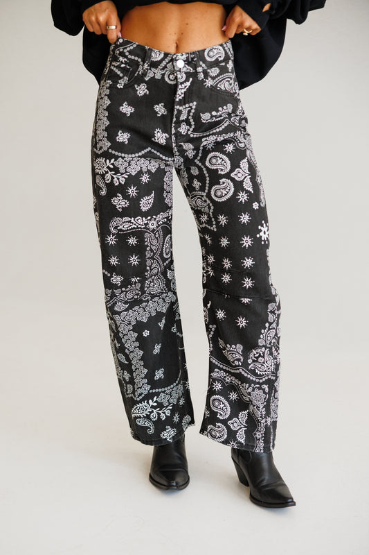 AS SEEN ON CASSIDY!  Bandana Print Barrel Leg Pants in Black