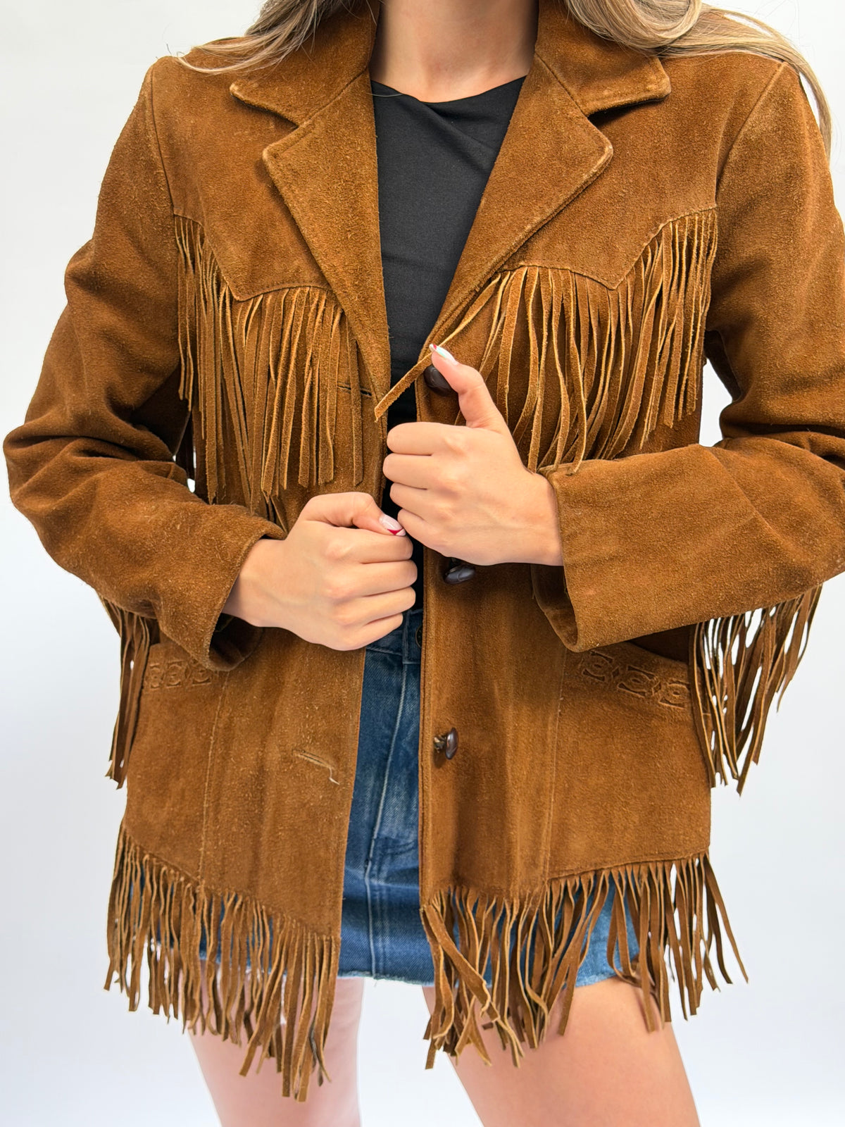 Vintage Dark Camel Suede Fringe Jacket Size Xlarge (16)