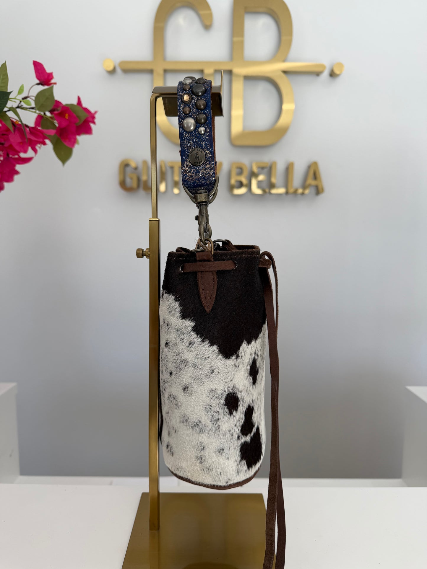 Brown and White Cowhide Bucket Bag Small Drawstring w/ Purple Strap