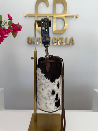 Brown and White Cowhide Bucket Bag Small Drawstring w/ Purple Strap