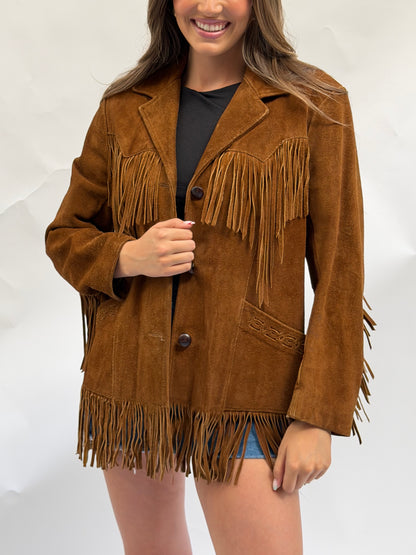 Vintage Dark Camel Suede Fringe Jacket Size Xlarge (16)
