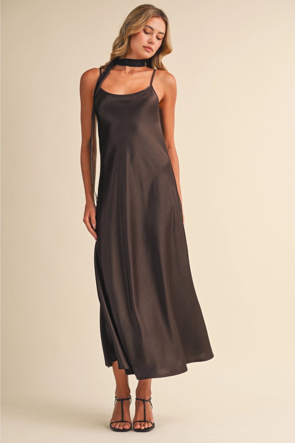 "Out West" Satin Midi Dress w/ Lace Scarf