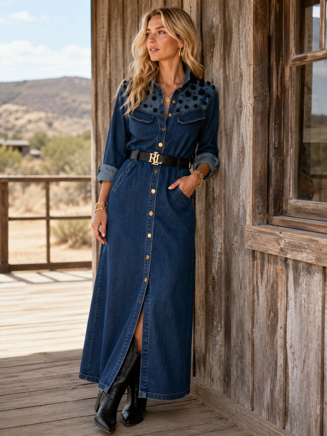 Dark Denim Dress w/ Shoulder Embellishment