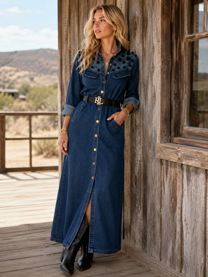 Dark Denim Dress w/ Shoulder Embellishment