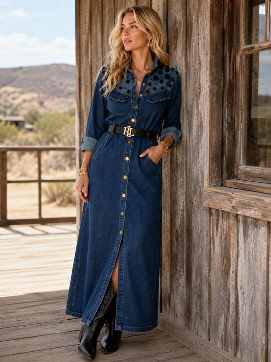 Dark Denim Dress w/ Shoulder Embellishment